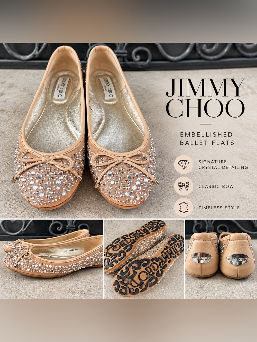 Jimmy Choo Embellished Tan Ballet Flats